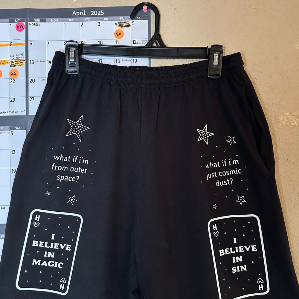 Custom HALSEY shorts, 1/1 with rhinestone and metallic accents. Quotes from TGI.
